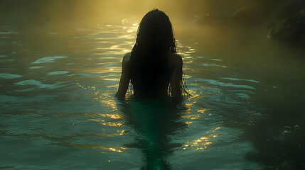 Sticker - A woman swims in a green lake, backlit by the setting sun.