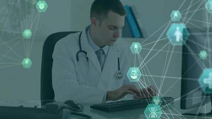 Wall Mural - Doctor typing on keyboard, medical network and data processing animation over scene