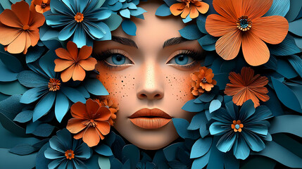 Wall Mural - A woman's face framed by blue and orange paper flowers.