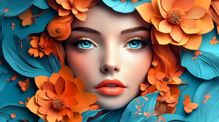 Poster - A woman's face framed by orange and blue paper flowers.