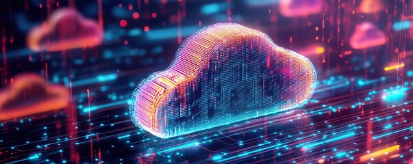 Poster - A 3D Rendered Cloud Symbol on a Neon Circuit Board
