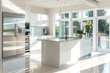 Wall Mural - A sleek and modern kitchen with stainless steel appliances, white cabinets, and an island featuring clean lines and light colors