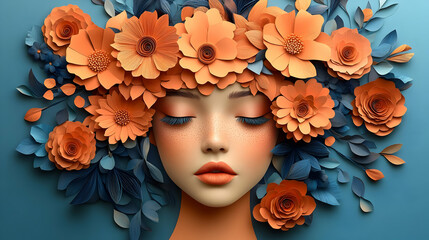 Wall Mural - A woman's face surrounded by paper flowers.