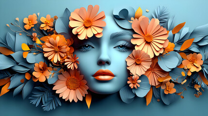 Wall Mural - A woman's face surrounded by paper flowers on a blue background.