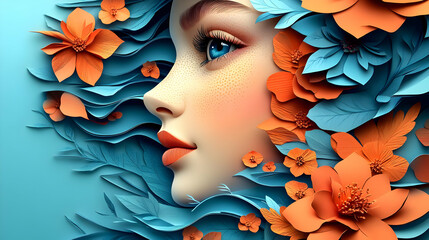 Poster - A woman's profile surrounded by colorful paper flowers.