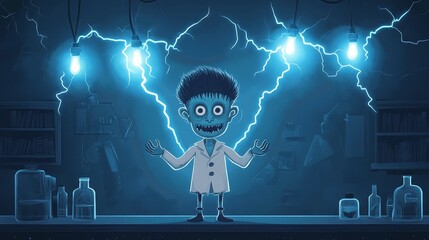 mad scientist character with electrical lightning sparks in a laboratory setting