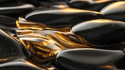 Wall Mural - Golden liquid draped over sleek black rocks, with soft light reflections creating a luxurious, tranquil scene.