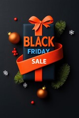 Wall Mural - BLACK FRIDAY SALE text wrapped in Christmas ribbon with snowflakes falling, holiday shopping event, 3D illustration