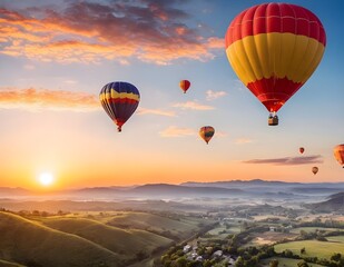 Colorful hot air balloons soaring over a stunning landscape at sunset in a picturesque valley