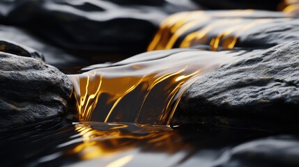 Golden liquid flowing smoothly over polished black rocks, with soft reflections adding a serene, luxurious atmosphere.