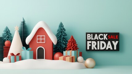 BLACK FRIDAY SALE text on a snowy Christmas village scene, festive shopping event, 3D illustration