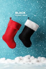 Wall Mural - BLACK FRIDAY SALE text with falling snow and Christmas stockings, winter holiday deals, 3D illustration