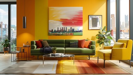 Wall Mural - A modern living room with yellow walls, a green sofa and an orange armchair. The interior design features contemporary furniture against a wall showing a cityscape through large windows. 