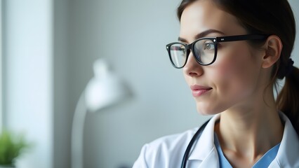 Close-up profile of a young female doctor with glasses, looking out of a window