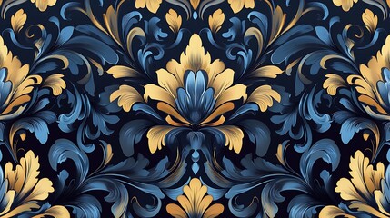 Wall Mural - An intricate pattern with gold and blue floral swirls on a dark blue background.