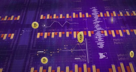 Canvas Print - Bitcoin price chart and data analysis animation over purple background