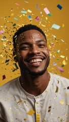 A man is smiling and surrounded by colorful confetti