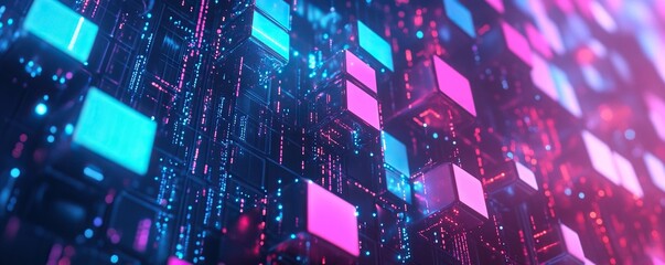 Poster - Abstract Neon Cubes in a Futuristic Network