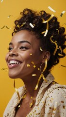 A woman is smiling and surrounded by colorful confetti