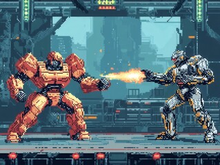 Futuristic Pixelated Robot Battle in Retro 16-Bit Arena | Classic Fighting Game Style Sci-Fi Combat