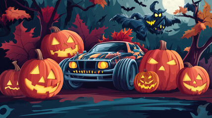 halloween background with scary pumpkins and monster car. vector illustration, highly detailed image