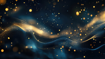 Wall Mural - abstract dark blue and gold background with sparkling lights and smoky texture, detailed high definition image