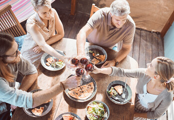 Poster - Lunch, cheers and family in sharing wine, smile and weekend gathering event at table on patio. Men, women and toast with glass, eating food together and happy dinner celebration on terrace at home