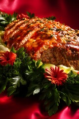 Delicious Meatloaf Dinner with Red Flowers and Parsley Garnish