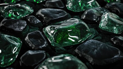 Wall Mural - Shimmering emerald liquid over sleek black rocks, with soft light reflections enhancing the calming, luxurious feel.