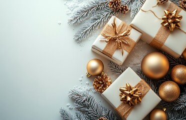 Sticker - Elegant holiday gifts wrapped in gold and silver on a decorated table during the festive season