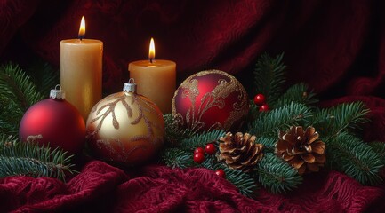 Wall Mural - Elegant holiday decorations with candles and ornaments on rich fabric arranged for festive warmth