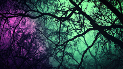 enter the spooky forest with twisted branches casting eerie shadows in green and purple. perfect for halloween designs, adding a touch of fear and mystery. captivating backdrop