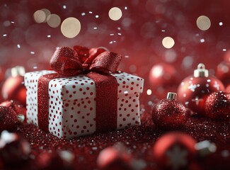 Sticker - A beautifully wrapped gift box surrounded by festive decorations on a vibrant red background