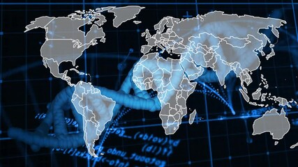 Poster - World map animation over DNA strand and binary coding background
