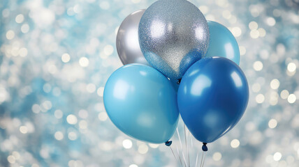 Wall Mural - a cluster of blue and silver balloons with glittering details, set against a bokeh background creating a festive atmosphere, high quality image