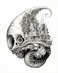 Surreal art featuring a skull integrated with a gothic style house, conveying eerie, whimsical themes ideal for horror, fantasy, or abstract art concepts, useful for book covers, posters