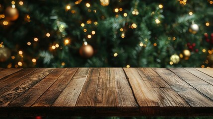 Sticker - wooden table top for product display mockup with festive christmas tree background