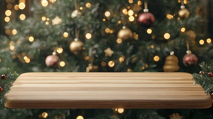 Sticker - wooden table top for product display mockup with festive christmas tree background