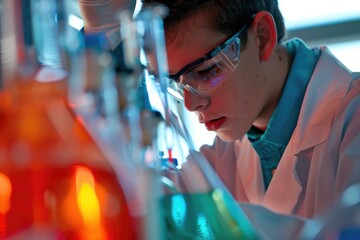 Poster - a scientist works in a laboratory, wearing a lab coat and goggles