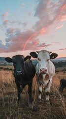Poster - Two cows standing in a field with a rainbow in the sky