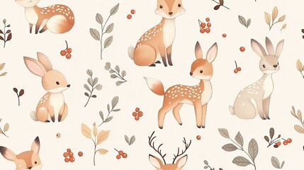 Wall Mural - Adorable seamless pattern featuring deer, foxes, and bunnies surrounded by leaves and berries. Perfect for children's decor and textiles. 