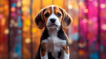 Canvas Print - Beagle puppy with big brown eyes looking up against a colorful blurred background.