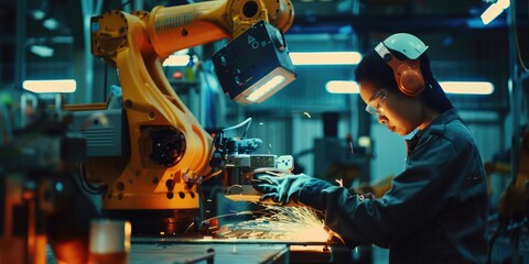 Poster - Industrial worker using equipment in a factory environment