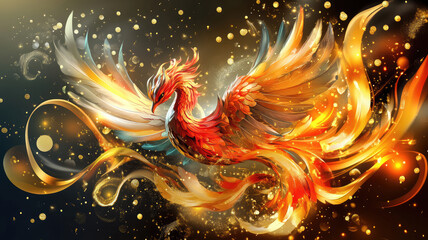 Wall Mural - abstract 3d phoenix bird fantasy illustration with fiery elements and luxurious gold background, extremely detailed image