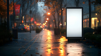 Poster - Blank billboard mockup on a wet city street at night.