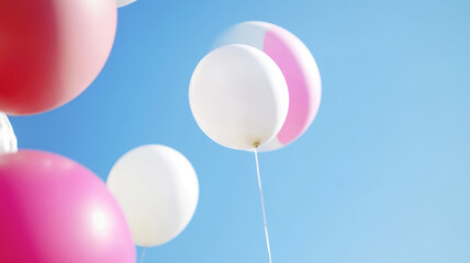Wall Mural - festive background with white balloons in the air, featuring a white balloon and a white and pink balloon, set against a clear blue sky, detailed high resolution photo