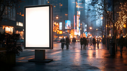 Poster - Blank billboard on a city street at night with pedestrians walking by, blurred background.