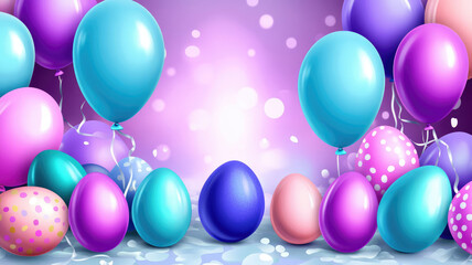 Wall Mural - happy easter background with colorful eggs and balloons, including purple, blue, pink, and blue - and - purple balloons, detailed hyper realistic image