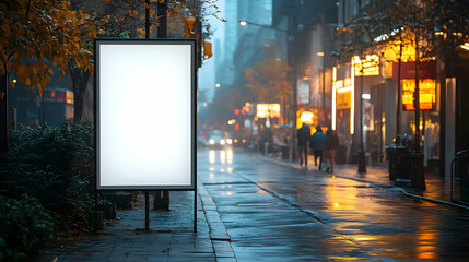 Poster - Blank billboard on a city street with reflections of streetlights on wet pavement.