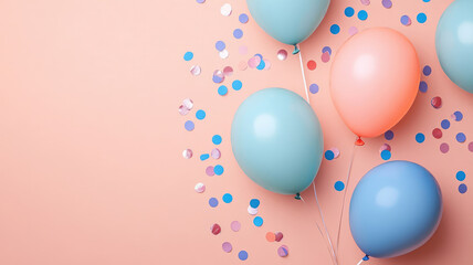 Wall Mural - soft pastel balloons and vibrant confetti against a light coral background, detailed high definition image
